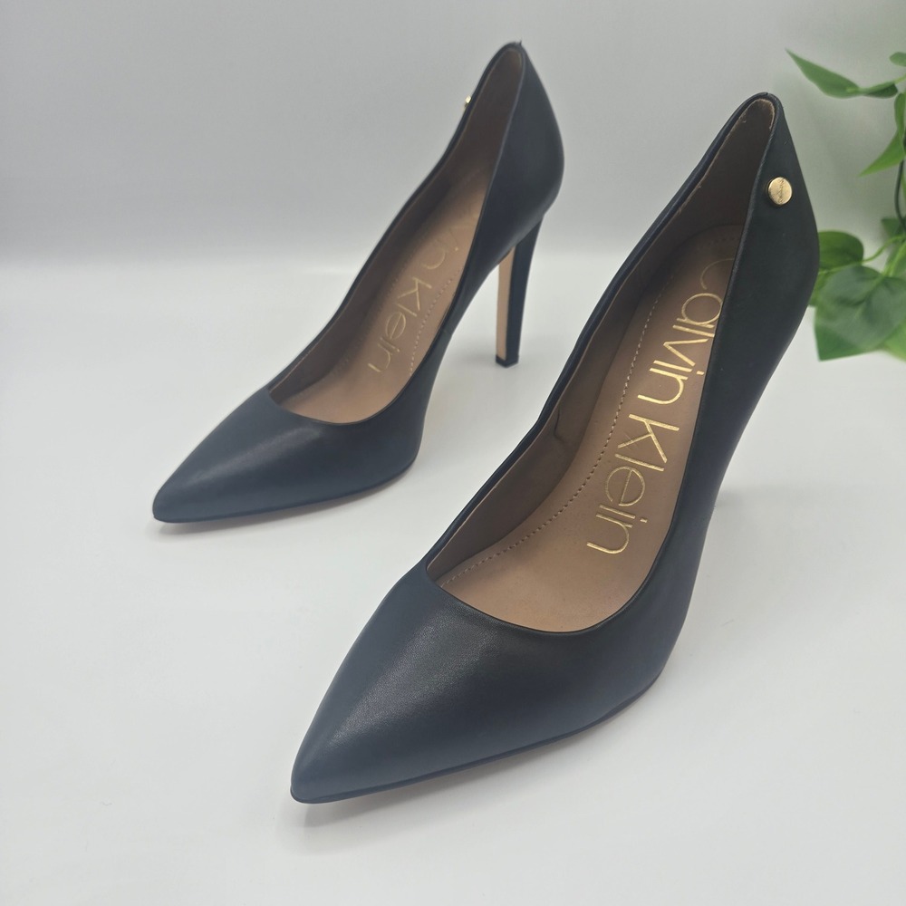 Calvin Klein Black Leather Pumps Pointed Toe Stiletto Heels 7.5M